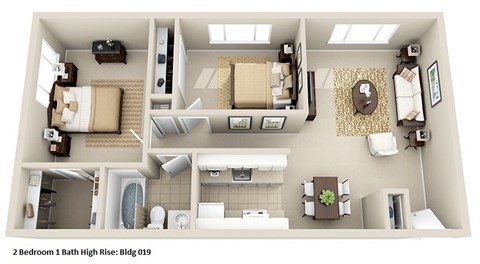 Floor plan for 2 beds, 1 bath, 860 sqft